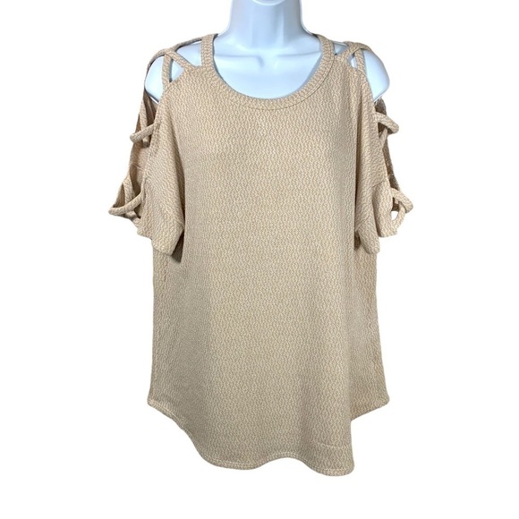 M Fantastic Fawn Beige Knit Cutout Sleeve Top Short Sleeve Stretch Medium 8 10 - Picture 1 of 7